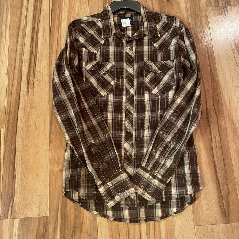 Wrangler Men's Brown Plaid Long-Sleeve Shirt—M